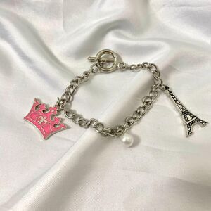 Early 2000's Silver Pink Eiffel Tower Princess Crown Pearl Charm Bracelet